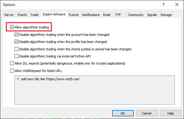 How to enable algorithmic trading for expert advisors in MT5?