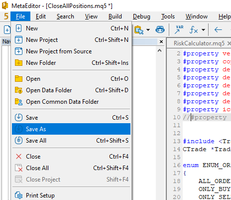 Close All Positions script - save as a separate file, changing its name